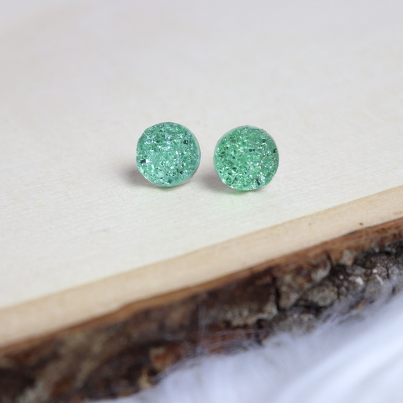 Handmade Jewelry - Mint Green Faux Druzy Stud Earrings - 12mm